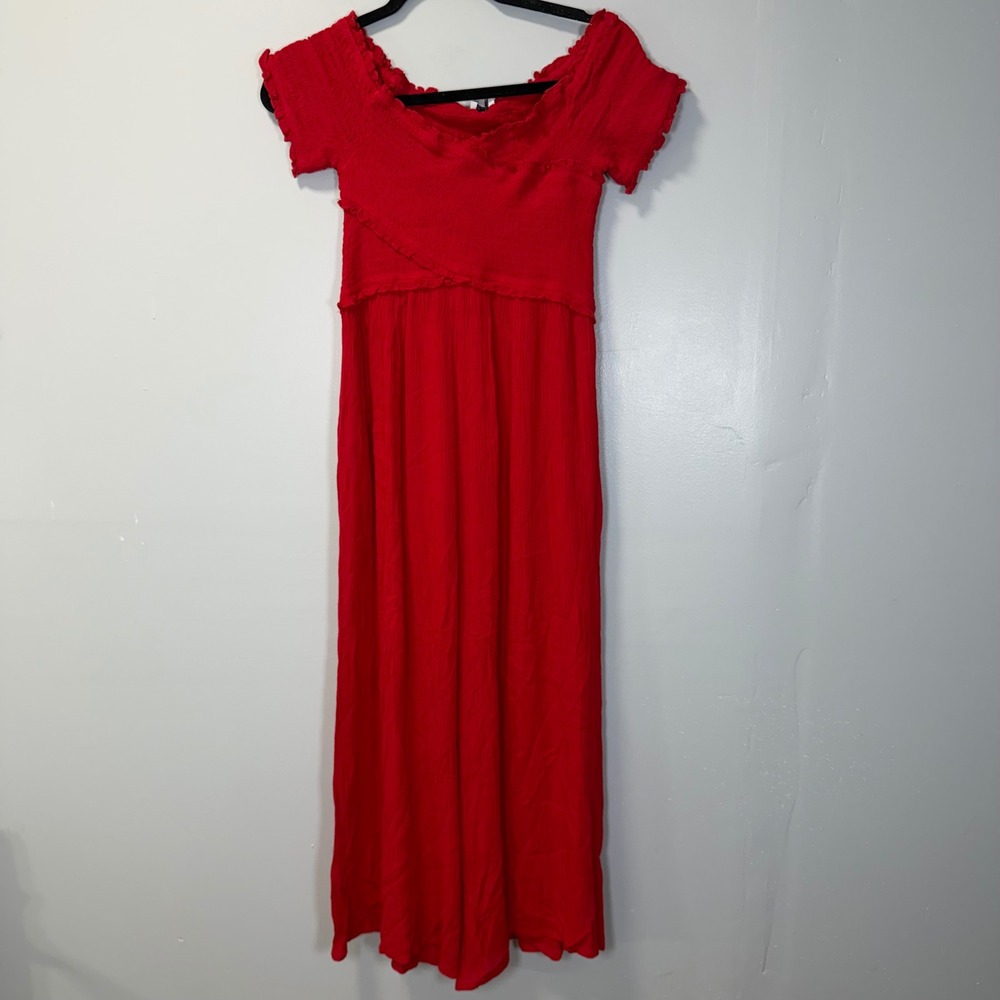 Patrons‎ of Peace Red Smocked Off Shoulder Wide Leg Jumpsuit S J1146F01